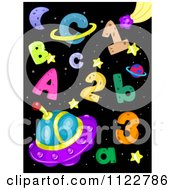Cartoon Of Letters And Numbers Floating In Outer Space With A UFO Royalty Free Vector Clipart