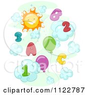 Cartoon Of A Happy Sun In The Sky With Balloons Numbers And Letters Royalty Free Vector Clipart