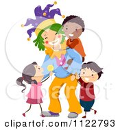 Poster, Art Print Of Friendly Clown Playing With Diverse Children