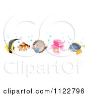 Poster, Art Print Of Line Of Happy Clownfish Pufferfish Betta Blue Tang And A Yellow Butterfly Fish
