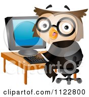 Cartoon Of A Business Owl Using A Desktop Computer Royalty Free Vector Clipart