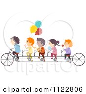 Cartoon Of Happy Children With Snacks On A Tandem Bike Royalty Free Vector Clipart