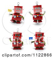3d Red Robot Waving Jumping And Holding Flags