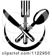 Clipart Of Black And White Silverware Over A Plate Royalty Free Vector Illustration