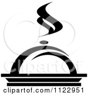 Clipart Of A Black And White Steamy Cloche And Platter Royalty Free Vector Illustration