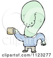 Fantasy Cartoon Of A Green Ghost Holding A Coffee Cup Royalty Free Vector Clipart