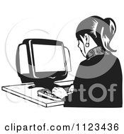 Poster, Art Print Of Black And White Office Worker Woman Typing On A Desktop Computer