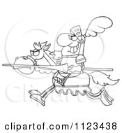 Cartoon Of An Outlined Charging Jousting Knight Holding A Lance Royalty Free Vector Clipart