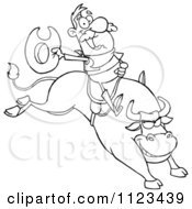 Cartoon Of An Outlined Rodeo Cowboy On A Bucking Bull Royalty Free Vector Clipart by Hit Toon