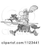 Cartoon Of A Grayscale Charging Jousting Knight Holding A Lance Royalty Free Vector Clipart by Hit Toon