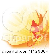 Poster, Art Print Of Orange Silhouetted Woman Dancing On Rays And Grunge