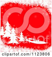 Clipart Of A Red Winter Evergreen Christmas Background With Snowflakes Royalty Free Vector Illustration by dero