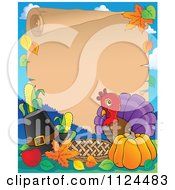 Cartoon Of A Cute Thanksgiving Turkey Bird And Parchment Page With Holiday Items Royalty Free Vector Clipart