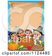 Poster, Art Print Of Happy Pilgrims And Indians Sharing A Thanksgiving Feast And Parchment Page