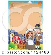 Cartoon Of A Thanksgiving Pilgrim Couple On A Farm With A Parchment Page Royalty Free Vector Clipart
