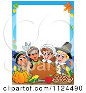 Poster, Art Print Of Happy Pilgrims And Indians Sharing A Thanksgiving Feast Border