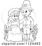 Cartoon Of An Outlined Thanksgiving Pilgrim Couple Royalty Free Vector Clipart by visekart