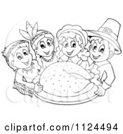 Poster, Art Print Of Outlined Thanksgiving Turkey With Pilgrims And Indians