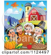 Poster, Art Print Of Happy Pilgrims And Indians Having A Feast On A Farm