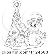 Poster, Art Print Of Outlined Happy Snowman Decorating A Christmas Tree