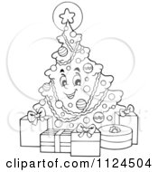 Cartoon Of An Outlined Happy Christmas Tree With Gifts Royalty Free Vector Clipart