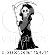 Clipart Of A Sketched Black And White Grim Reaper Holding A Scythe Royalty Free Vector Illustration