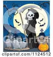 Poster, Art Print Of Watching Hooded Grim Reaper With A Scythe In A Cemetery Against A Full Moon