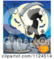 Poster, Art Print Of Hooded Grim Reaper With A Scythe In A Cemetery Against A Full Moon