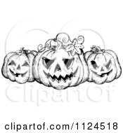 Sketched Black And White Trio Of Grinning Halloween Jackolanter Pumpkins