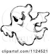 Clipart Of A Sketched Black And White Evil Halloween Ghost Royalty Free Vector Illustration