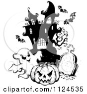 Sketched Black And White Haunted House With A Cemetery Bats Halloween Pumpkin And Ghost