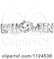 Clipart Of A Sketched Black And White Jackolantern Pumpkin In The Word HALLOWEEN Royalty Free Vector Illustration