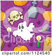 Seamless Halloween Background Of Skulls Candles Spiders Bats Tombstones Coffins And Pumpkins On Purple