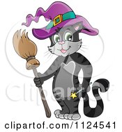 Cartoon Of A Black Halloween Witch Cat With A Broom Wand And Hat Royalty Free Vector Clipart