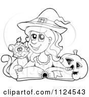 Poster, Art Print Of Outlined Cute Halloween Witch Cat And Pumpkin By A Spell Book