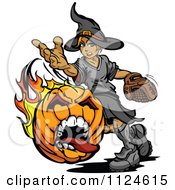 Poster, Art Print Of Cartoon Of A  Halloween Witch Pitching A Flaming Screaming Pumpkin Baseball Royalty Free Vector Clipart
