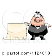 Happy Chubby Male Waiter Holding A Sign