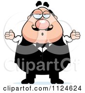 Cartoon Of A Careless Shrugging Chubby Male Waiter Royalty Free Vector Clipart