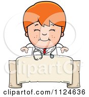 Poster, Art Print Of Happy Red Haired Doctor Or Veterinarian Boy Over A Banner Sign