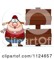 Cartoon Of A Happy Chubby Female Lumberjack With A Wood Sign Royalty Free Vector Clipart