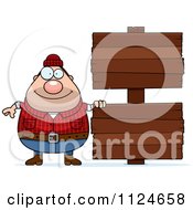 Cartoon Of A Happy Chubby Male Lumberjack With A Wood Sign Royalty Free Vector Clipart