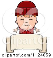 Happy Red Haired Lumberjack Boy Over A Banner Sign