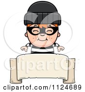 Cartoon Of A Happy Red Haired Robber Boy Over A Banner Sign Royalty Free Vector Clipart