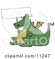 Lazy Fat Dragon Holding A Blank Sign Clipart Illustration