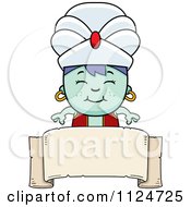 Cartoon Of A Happy Genie Boy Over A Banner Sign Royalty Free Vector Clipart
