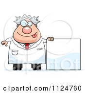 Cartoon Of A Happy Chubby Male Scientist With A Sign Royalty Free Vector Clipart