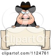 Poster, Art Print Of Happy Chubby Male Wild West Cowboy With A Banner Sign