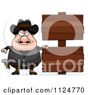 Happy Chubby Male Wild West Cowboy With A Wooden Sign