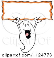 Clipart Of A Happy Halloween Ghost Holding Up A Sign Royalty Free Vector Illustration by Johnny Sajem