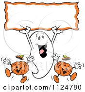 Poster, Art Print Of Happy Halloween Ghost Holding Up A Sign Over Jackolantern Pumpkins